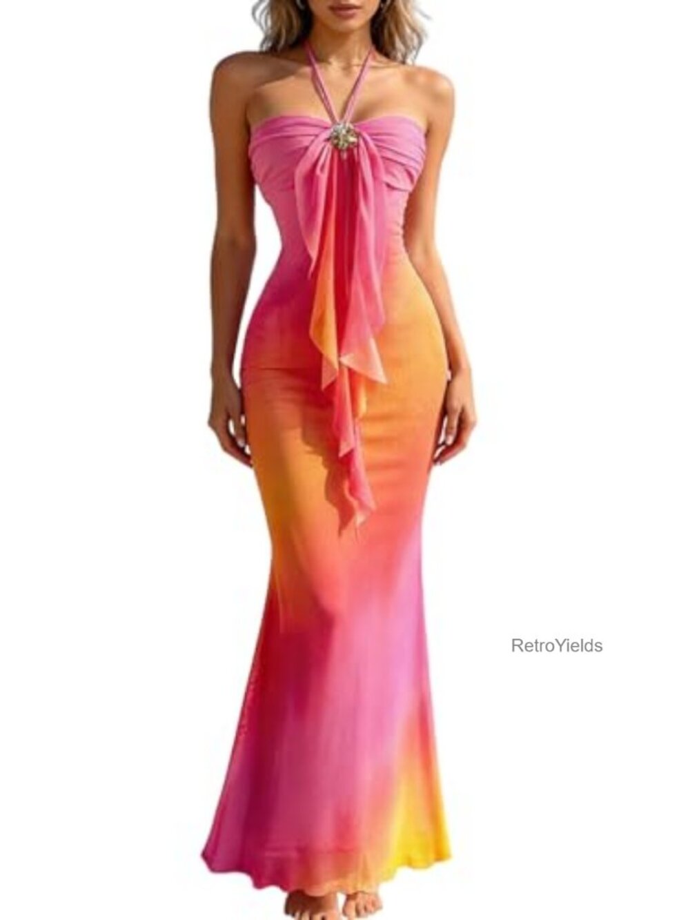 Ombre Sunset Halter Starfish Boho Beach Maxi Dress